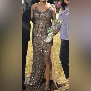 Silver Sequin Prom Dress with Strappy Back